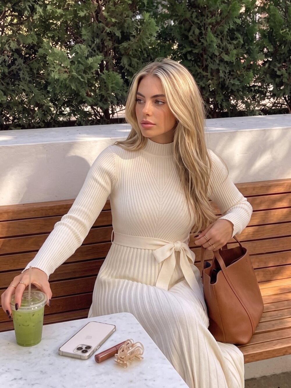 Women's Off White Ribbed Sweater Dress Stand Collar Belted Fitted Midi Fall